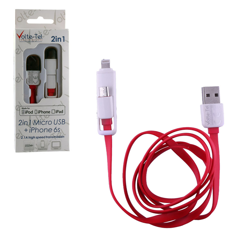 VOLTE-TEL USB 2in1 FLAT 2.1A ΦΟΡΤ-DATA 1m MICRO USB+LIGHTNING RED