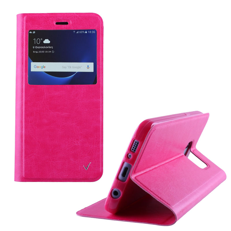 VOLTE-TEL ΘΗΚΗ SAMSUNG S7 G930 5.1"LEATHER-TPU VIEW BOOK STAND PINK