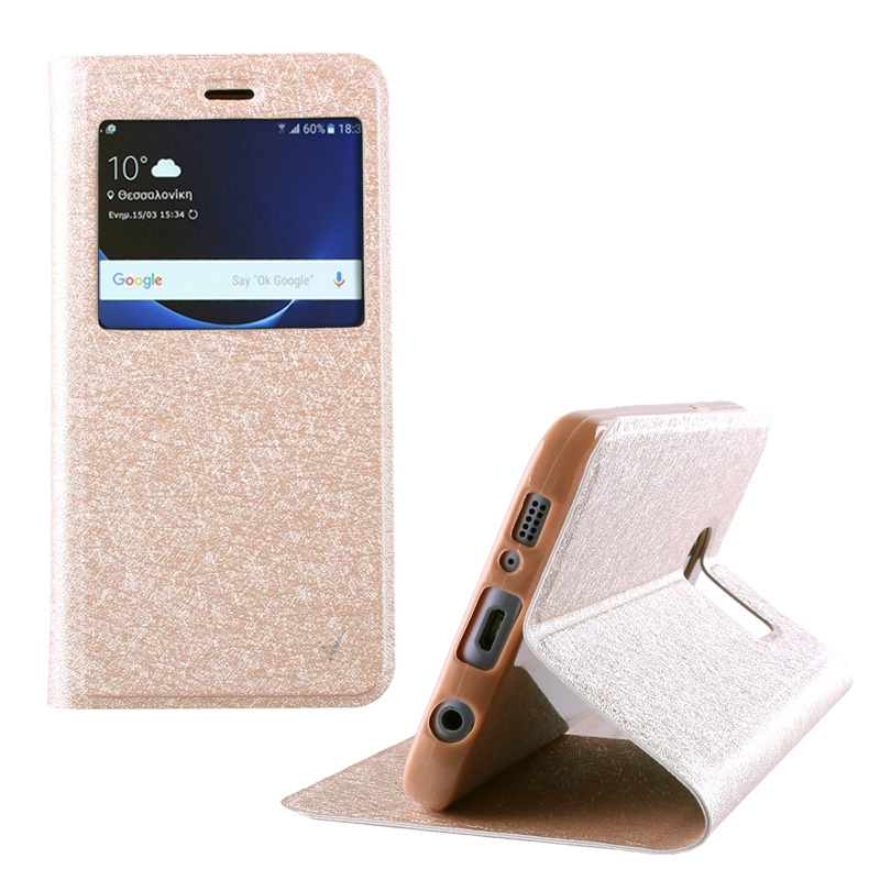 VOLTE-TEL ΘΗΚΗ SAMSUNG S7 G930 LEATHER GOLD-TPU VIEW BOOK STAND