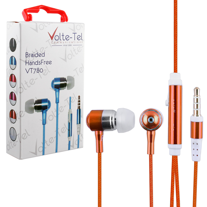 HANDS FREE UNIVERSAL 3.5mm 1.2m BRAIDED VT780 STEREO ON/OFF ORANGE VOLTE-TEL