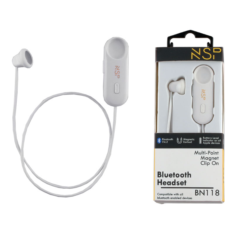 NSP BLUETOOTH BN118 MAGNET CLIP ON HEADSET V4.2 (2 ΣΥΣΚΕΥΩΝ) WHITE