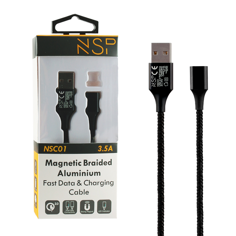 NSP USB ΦΟΡΤΙΣΗΣ-DATA MAGNETIC BRAIDED NSC01 3.5A QC 2.0 1m BLACK