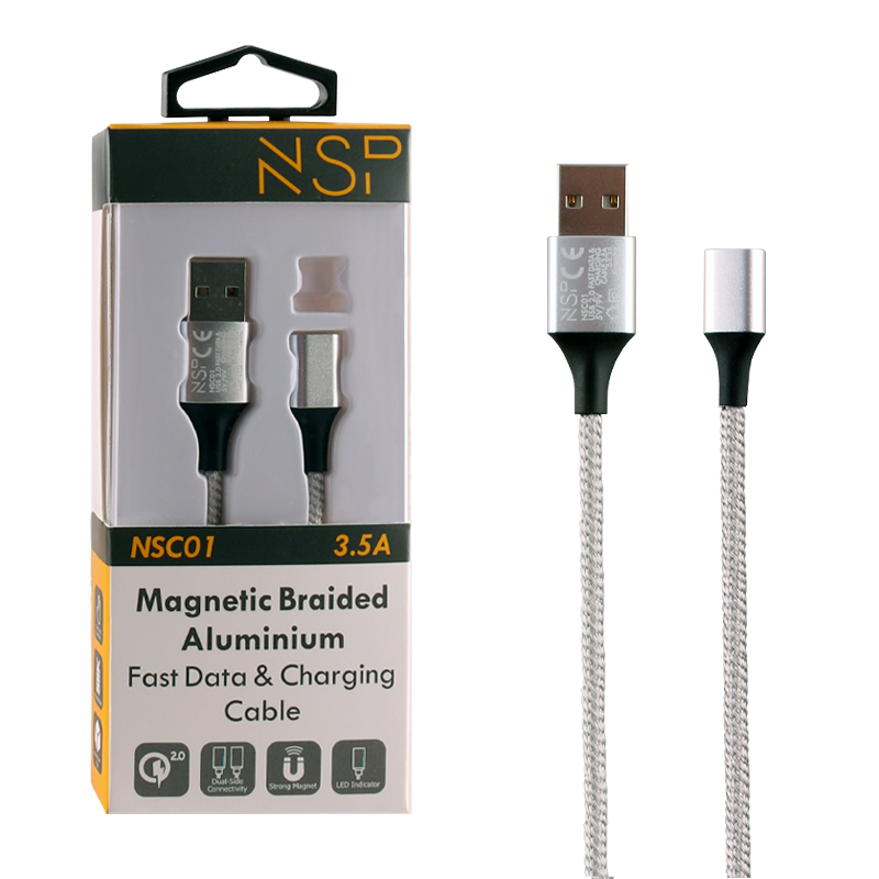 NSP USB ΦΟΡΤΙΣΗΣ-DATA MAGNETIC BRAIDED NSC01 3.5A QC 2.0 1m SILVER