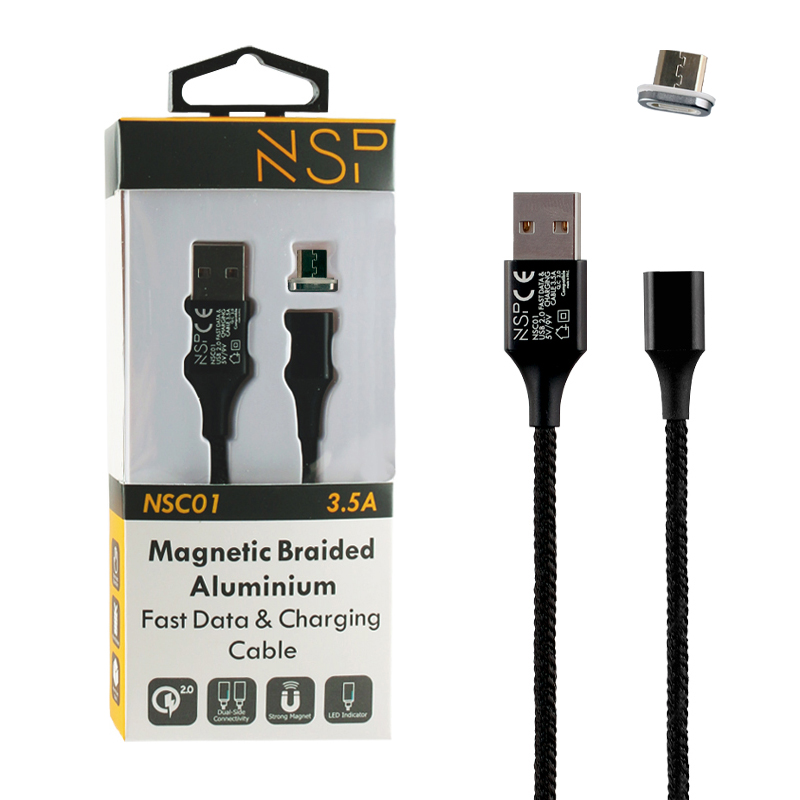 NSP MICRO USB ΦΟΡΤΙΣΗΣ-DATA MAGNETIC BRAIDED NSC01 3.5A QC 2.0 1m BLACK