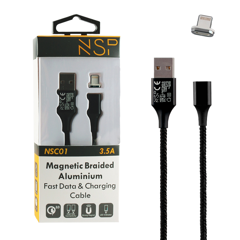 NSP LIGHTNING USB ΦΟΡΤΙΣΗΣ-DATA MAGNETIC BRAIDED NSC01 3.5A QC 2.0 1m BLACK