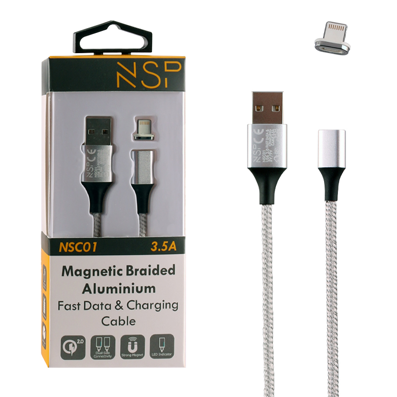 NSP LIGHTNING USB ΦΟΡΤΙΣΗΣ-DATA MAGNETIC BRAIDED NSC01 3.5A QC 2.0 1m SILVER