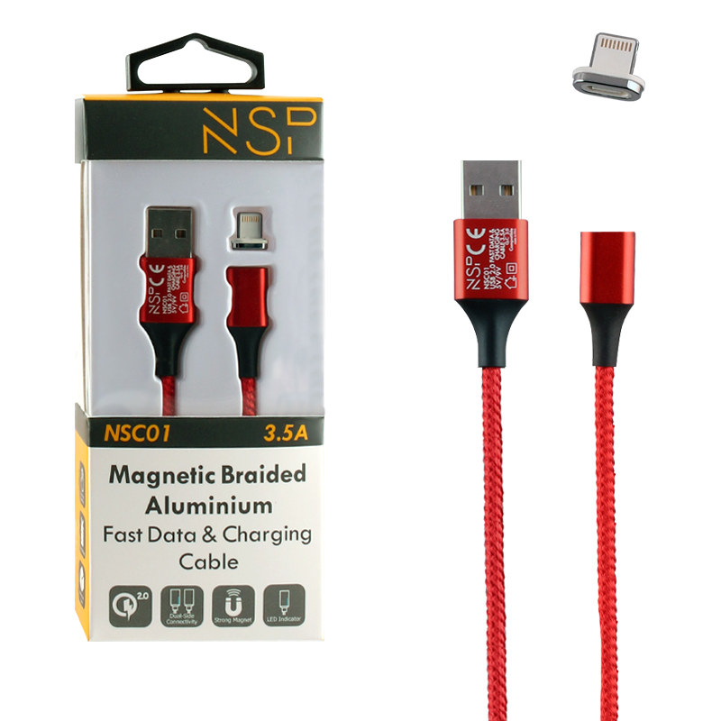 NSP LIGHTNING USB ΦΟΡΤΙΣΗΣ-DATA MAGNETIC BRAIDED NSC01 3.5A QC 2.0 1m RED
