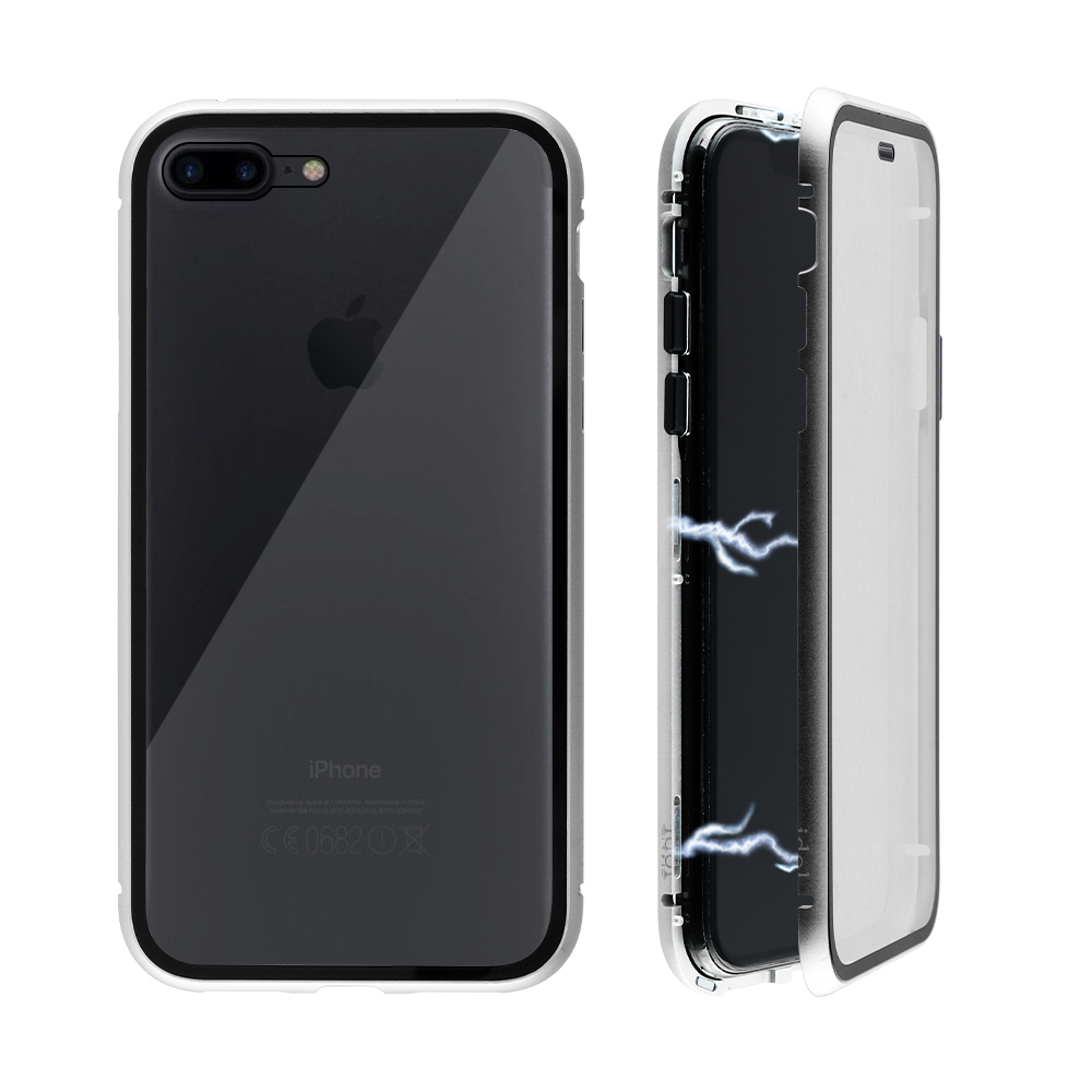 IDOL 1991 ΘΗΚΗ IPHONE 7 PLUS/8 PLUS 5.5" MAGNETIC METAL FRAME SILVER+TEMPERED GLASS BACK-FRONT