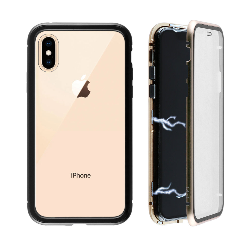IDOL 1991 ΘΗΚΗ IPHONE XS/X 5.8" MAGNETIC METAL FRAME GOLD+TEMPERED GLASS BACK-FRONT
