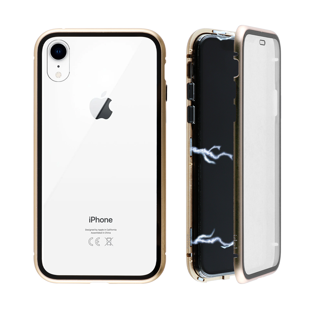 IDOL 1991 ΘΗΚΗ IPHONE XR 6.1" MAGNETIC METAL FRAME GOLD+TEMPERED GLASS BACK-FRONT