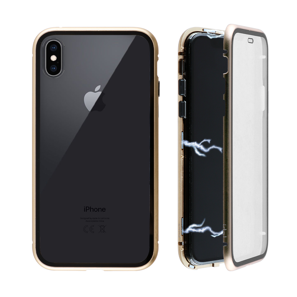 IDOL 1991 ΘΗΚΗ IPHONE XS MAX 6.5" MAGNETIC METAL FRAME GOLD+TEMPERED GLASS BACK-FRONT