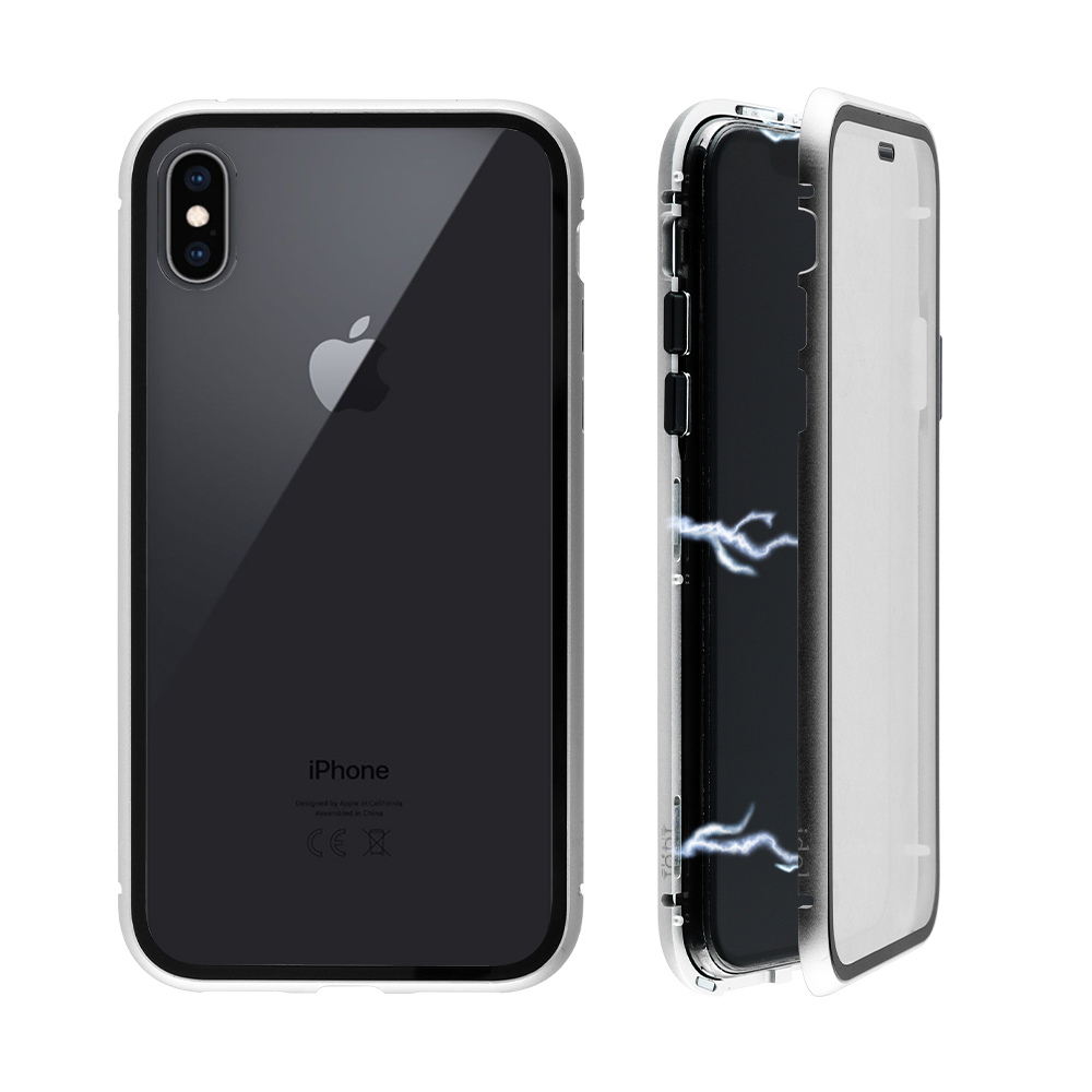 IDOL 1991 ΘΗΚΗ IPHONE XS MAX 6.5" MAGNETIC METAL FRAME SILVER+TEMPERED GLASS BACK-FRONT