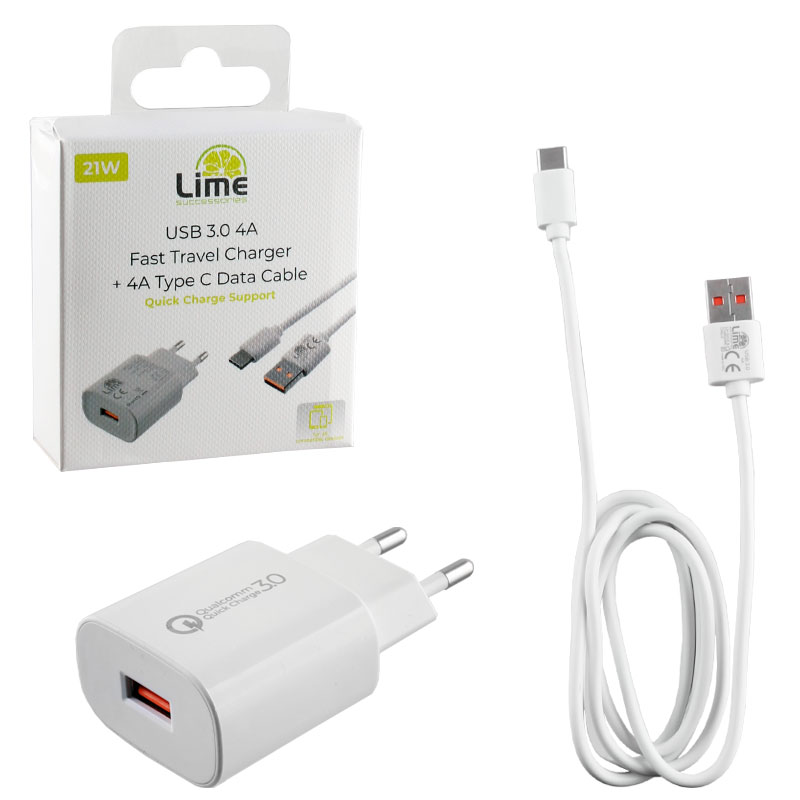 LIME USB 3.0 PD FAST TRAVEL QC 3.0 LTU24 21W 4000mA + ΦΟΡΤΙΣΗΣ-DATA L14 TYPE C WHITE