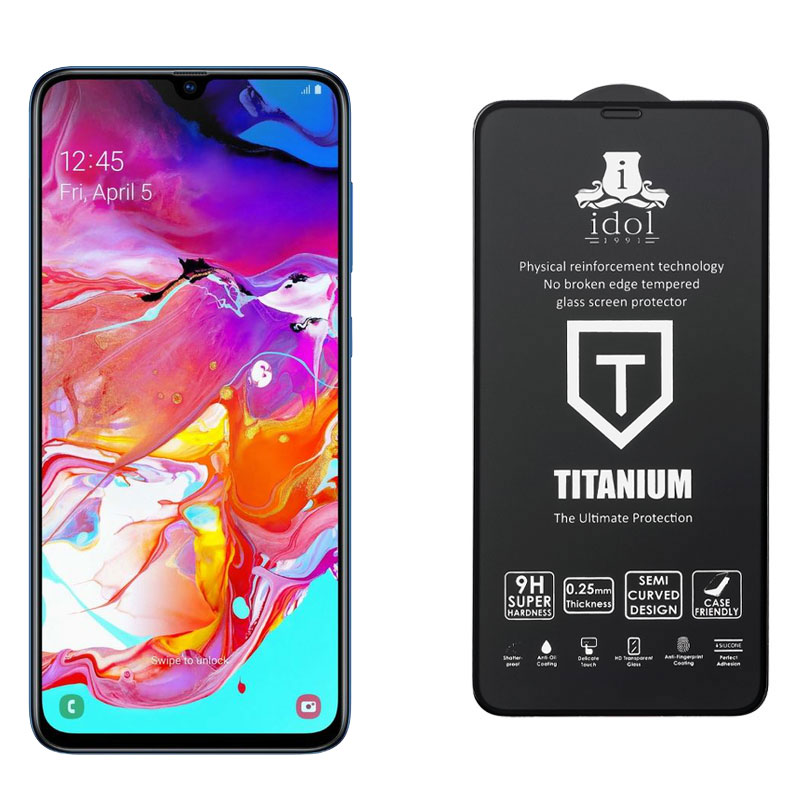 IDOL 1991 TITANIUM TEMPERED GLASS SAMSUNG A70 2019 A705 6.7in 9H 0.25mm  SEMI CURVED FULL GLUE BLACK