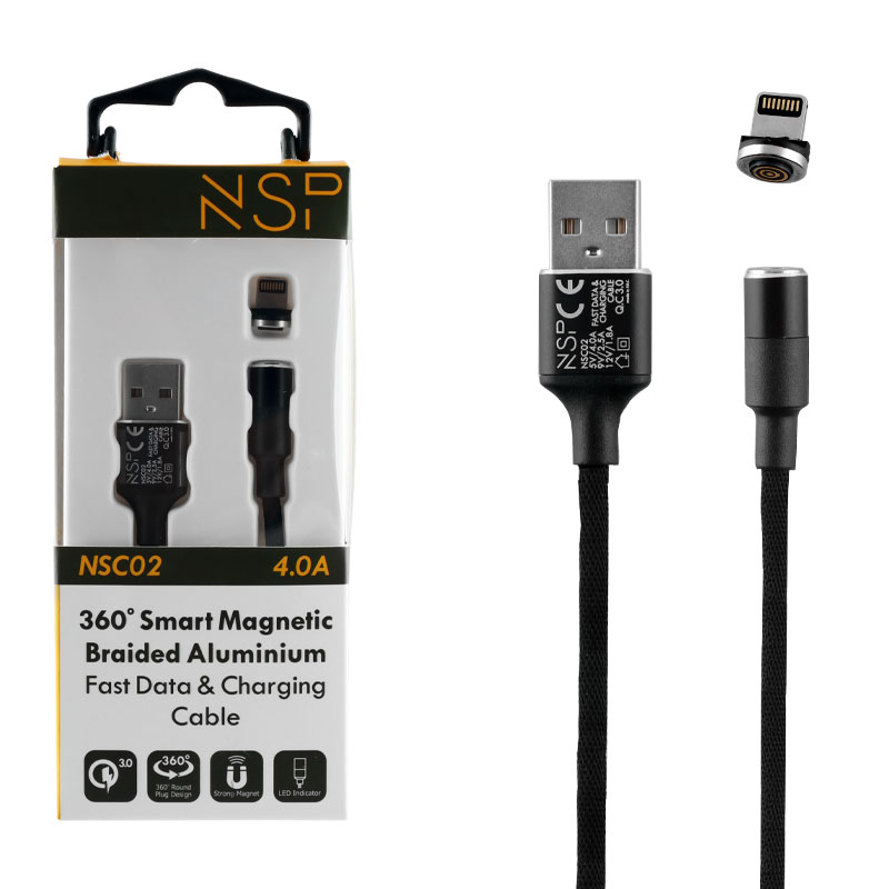 NSP LIGHTNING USB ΦΟΡΤΙΣΗΣ-DATA MAGNETIC BRAIDED NSC02 4.0A QC 3.0 1.2m BLACK