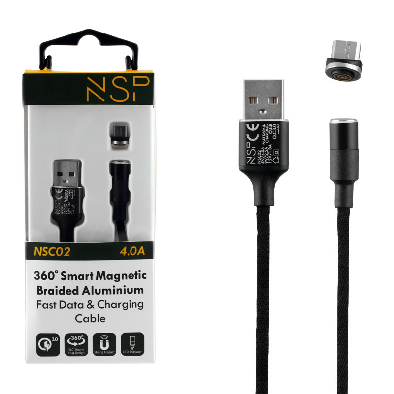 NSP MICRO USB ΦΟΡΤΙΣΗΣ-DATA MAGNETIC BRAIDED NSC02 4.0A QC 3.0 1.2m BLACK