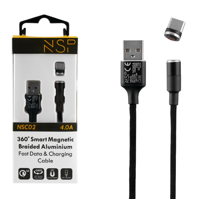 NSP TYPE C USB ΦΟΡΤΙΣΗΣ-DATA MAGNETIC BRAIDED NSC02 4.0A QC 3.0 1.2m BLACK