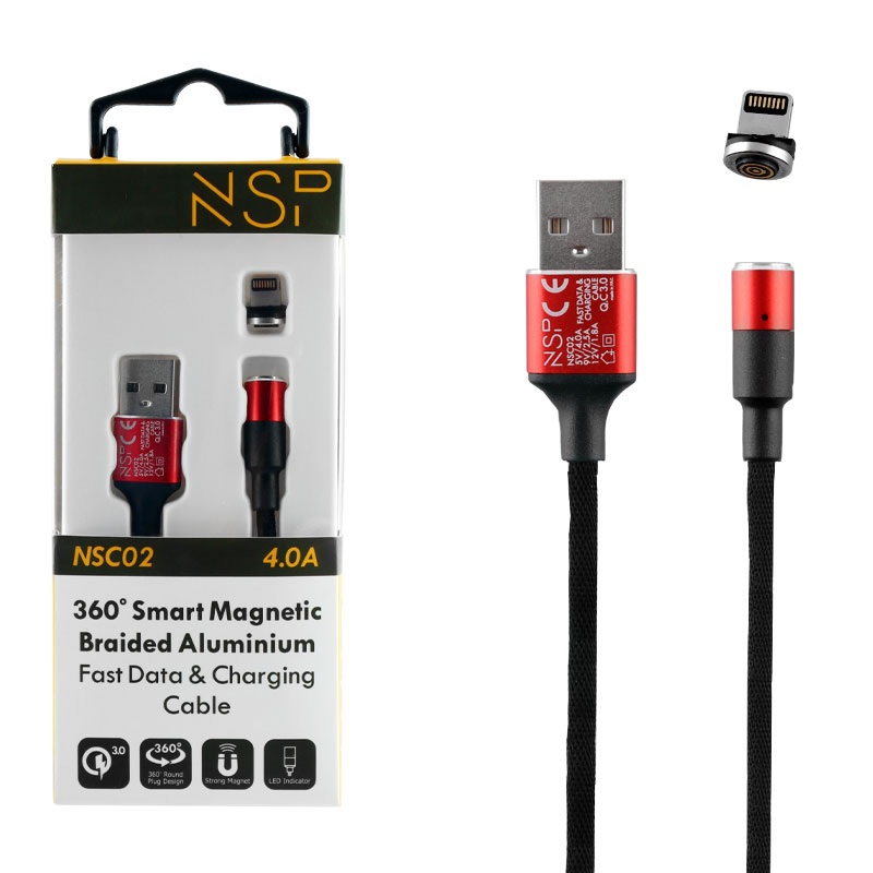 NSP LIGHTNING USB ΦΟΡΤΙΣΗΣ-DATA MAGNETIC BRAIDED NSC02 4.0A QC 3.0 1.2m RED