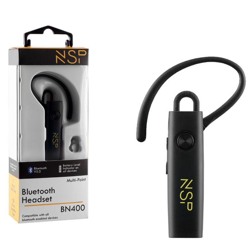 NSP BLUETOOTH HEADSET BN400 V5.0 (2 ΣΥΣΚΕΥΩΝ) + HANGER CLIP FOR STRAP BLACK
