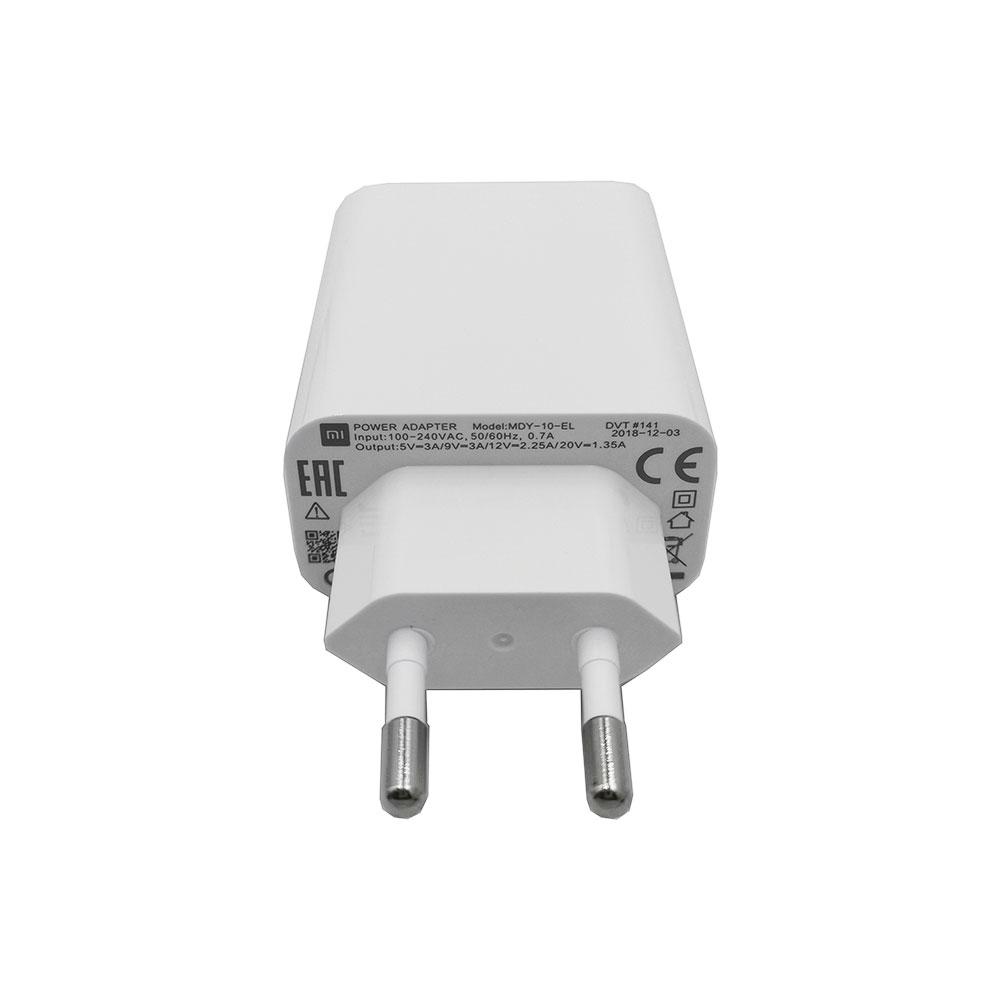 TRAVEL XIAOMI MDY-10-EL FAST USB QC4.0 27W 5V/3A 9V/3.0A 12V/2.25A 20V/1.35A 27W WHITE BULK OR