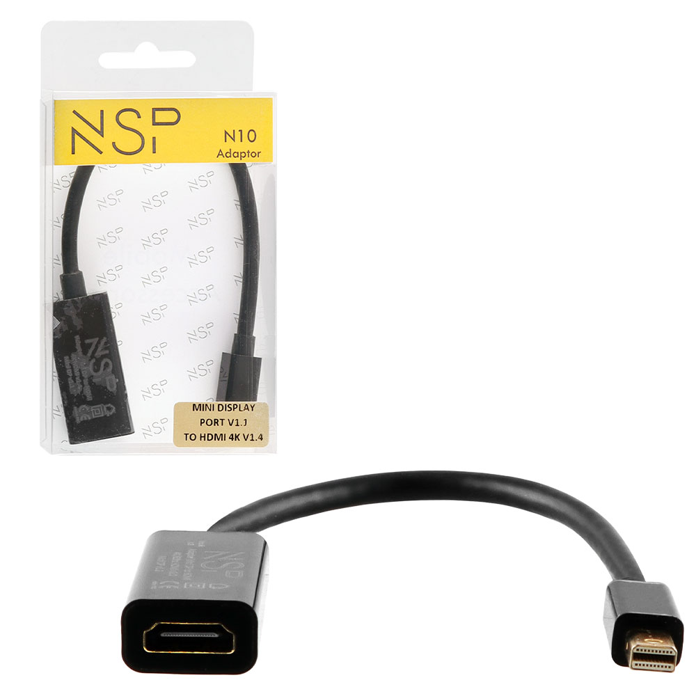 NSP N10 CABLE ADAPTER MINI DISPLAY PORT V1.1 TO HDMI 4K V1.4 0,23m BLACK