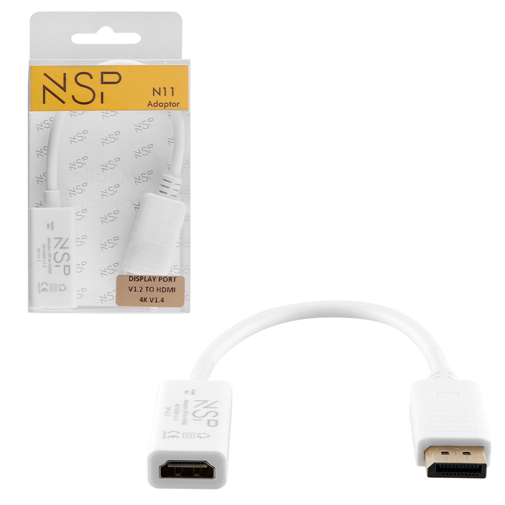 NSP N11 CABLE ADAPTER DISPLAY PORT V1.2 TO HDMI 4K V1.4 0,23m WHITE