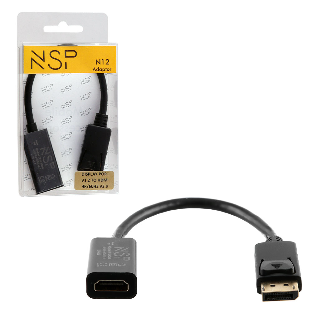 NSP N12 CABLE ADAPTER DISPLAY PORT V1.2 TO HDMI 4K/60HZ V2.0 0,23m BLACK