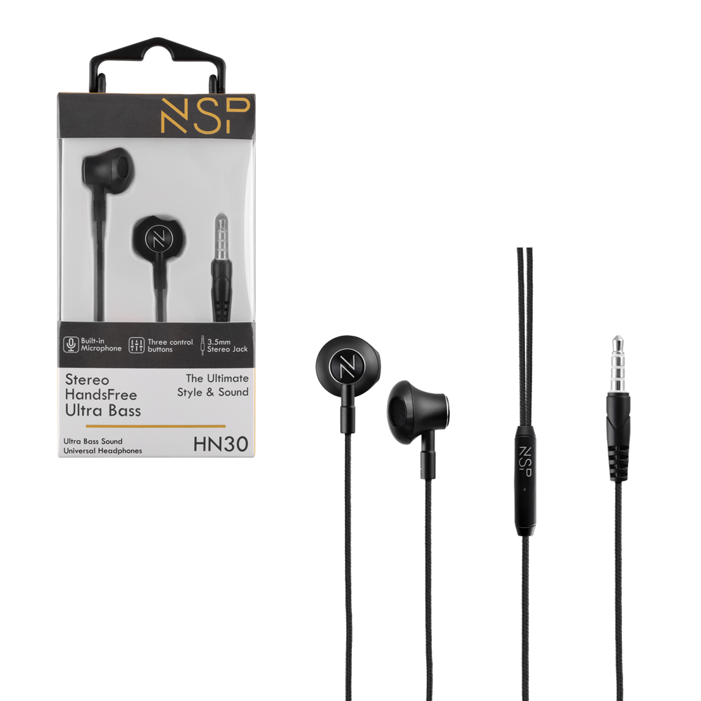 NSP HANDS FREE STEREO UNIVERSAL 3.5mm 1.2m ULTRA BASS HN30 WITH REMOTE AND MIC BLACK