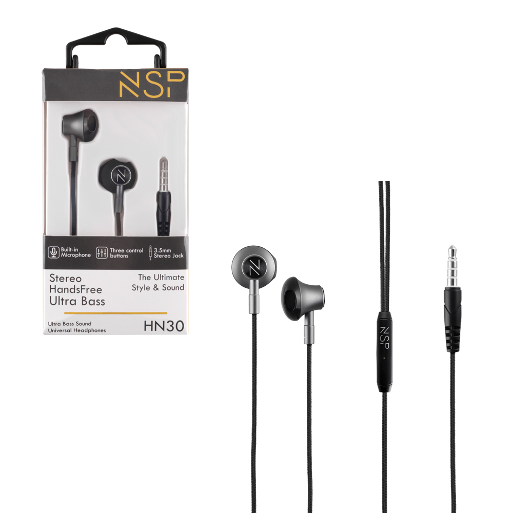 NSP HANDS FREE STEREO UNIVERSAL 3.5mm 1.2m ULTRA BASS HN30 WITH REMOTE AND MIC GREY
