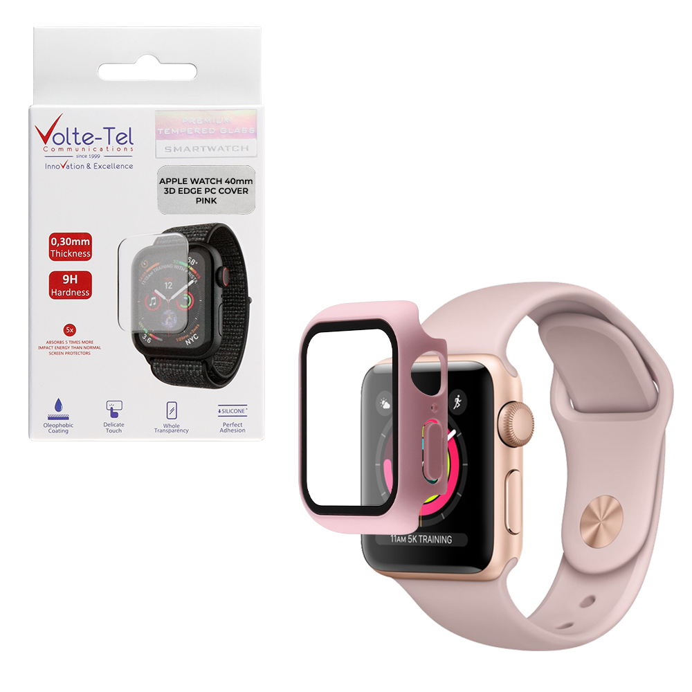 VOLTE-TEL TEMPERED GLASS APPLE WATCH 40mm 1.57" 9H 0.30mm PC EDGE COVER WITH KEY 3D FULL GLUE FULL COVER PINK
