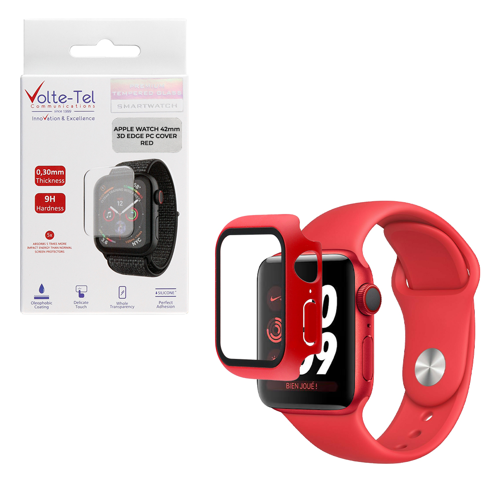 VOLTE-TEL TEMPERED GLASS APPLE WATCH 42mm 1.65" 9H 0.30mm PC EDGE COVER WITH KEY 3D FULL GLUE FULL COVER RED