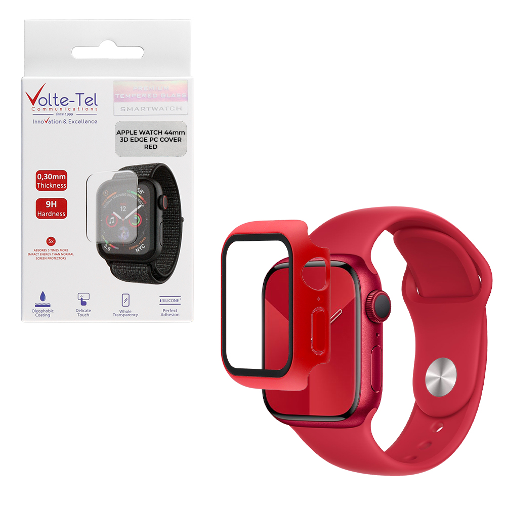 VOLTE-TEL TEMPERED GLASS APPLE WATCH 44mm 1.78" 9H 0.30mm PC EDGE COVER WITH KEY 3D FULL GLUE FULL COVER RED