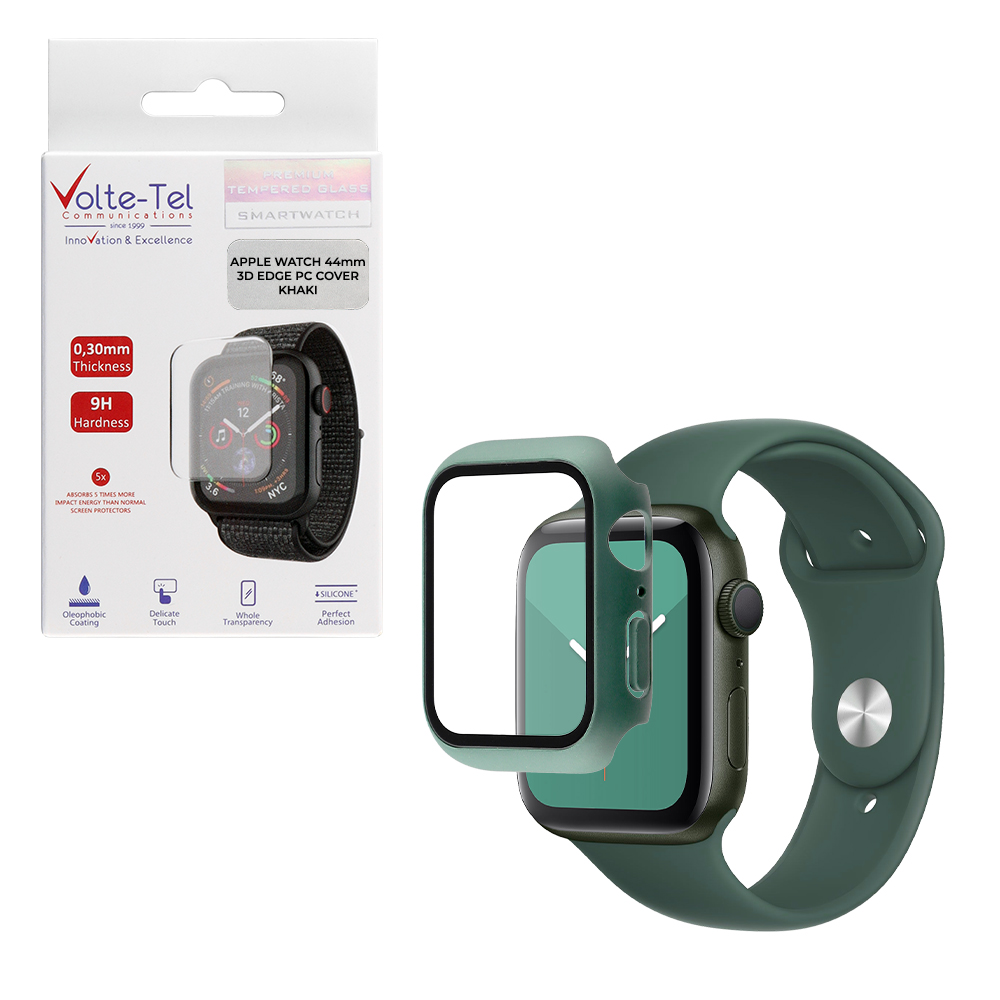 VOLTE-TEL TEMPERED GLASS APPLE WATCH 44mm 1.78" 9H 0.30mm PC EDGE COVER WITH KEY 3D FULL GLUE FULL COVER KHAKI