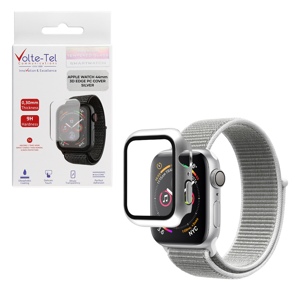 VOLTE-TEL TEMPERED GLASS APPLE WATCH 44mm 1.78" 9H 0.30mm PC EDGE COVER WITH KEY 3D FULL GLUE FULL COVER SILVER