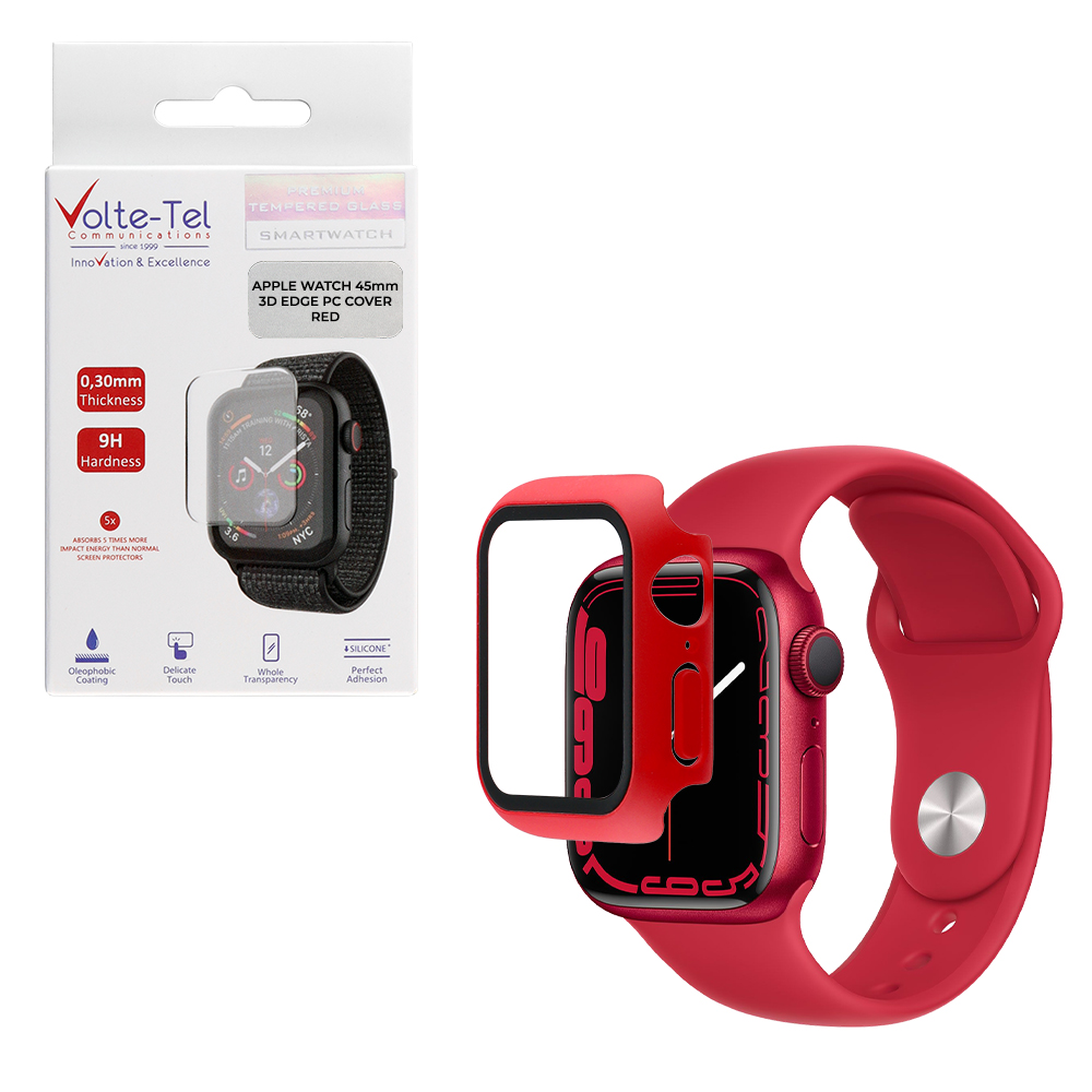 VOLTE-TEL TEMPERED GLASS APPLE WATCH 45mm 1.78" 9H 0.30mm PC EDGE COVER WITH KEY 3D FULL GLUE FULL COVER RED