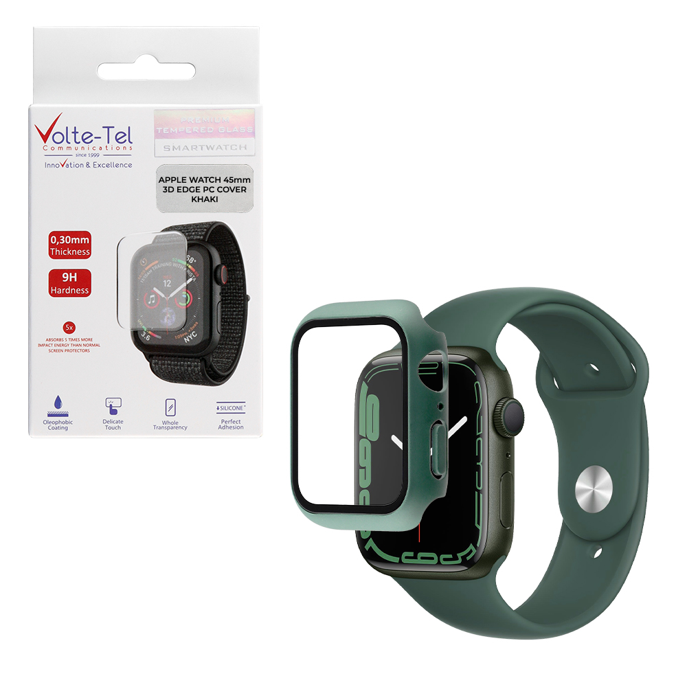 VOLTE-TEL TEMPERED GLASS APPLE WATCH 45mm 1.78" 9H 0.30mm PC EDGE COVER WITH KEY 3D FULL GLUE FULL COVER KHAKI