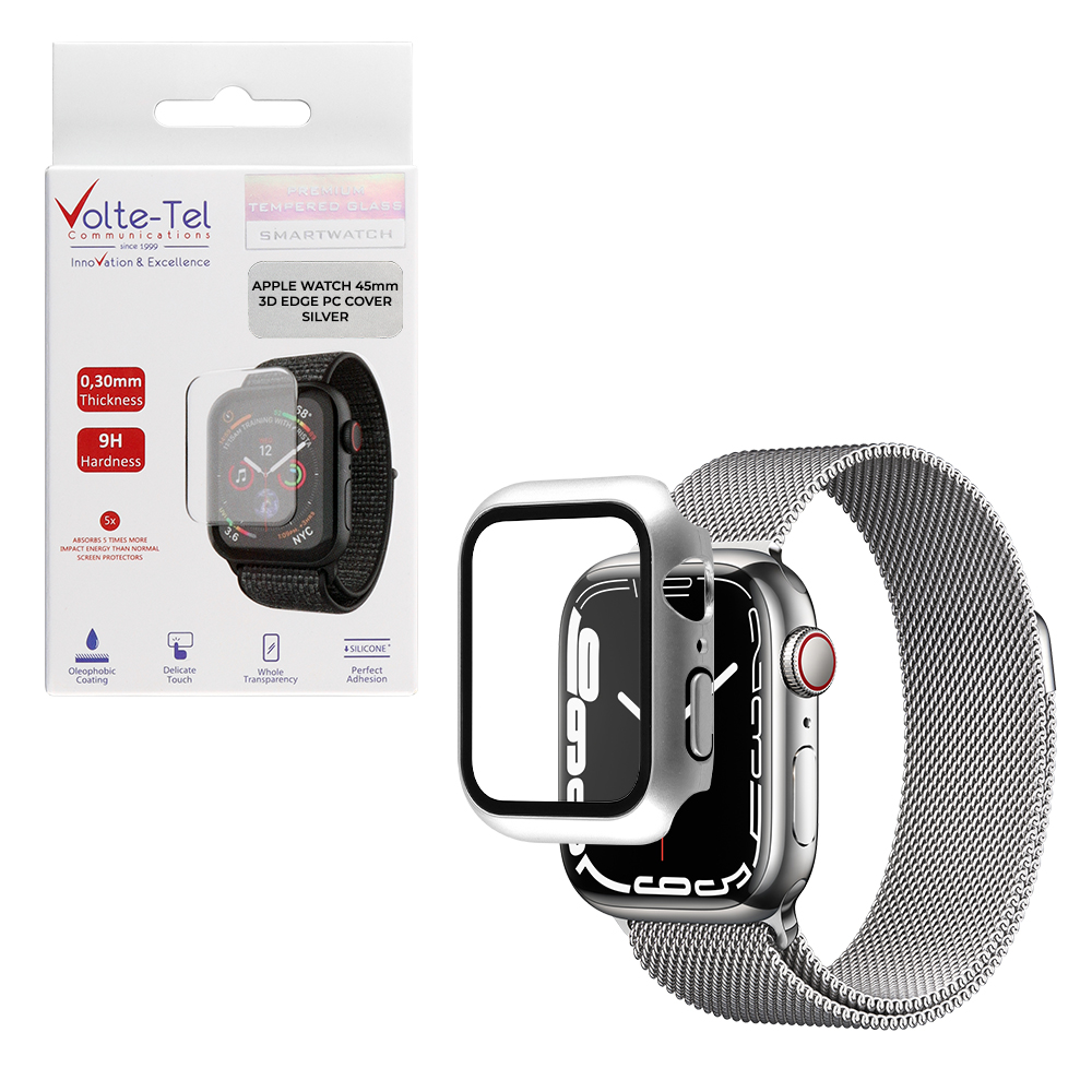 VOLTE-TEL TEMPERED GLASS APPLE WATCH 45mm 1.78" 9H 0.30mm PC EDGE COVER WITH KEY 3D FULL GLUE FULL COVER SILVER