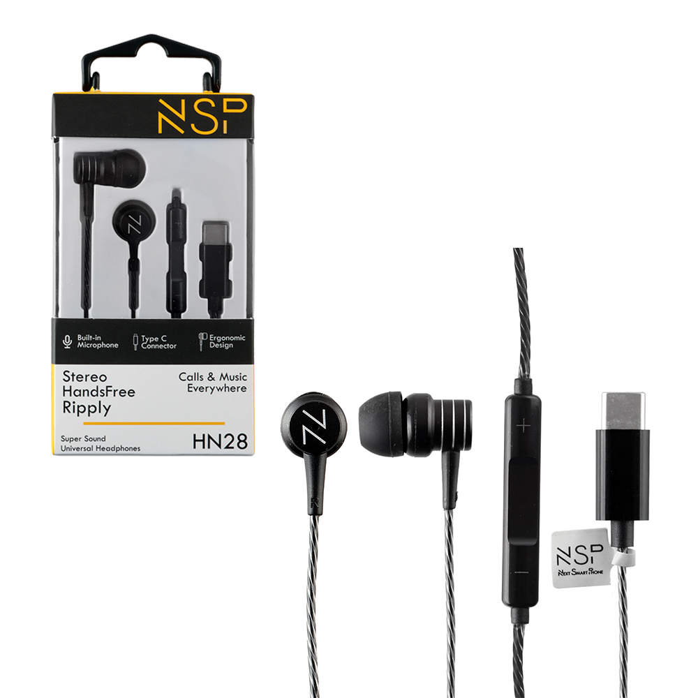 NSP HANDS FREE STEREO UNIVERSAL TYPE C 1.2m RIPPLY HN28 WITH REMOTE AND MIC BLACK