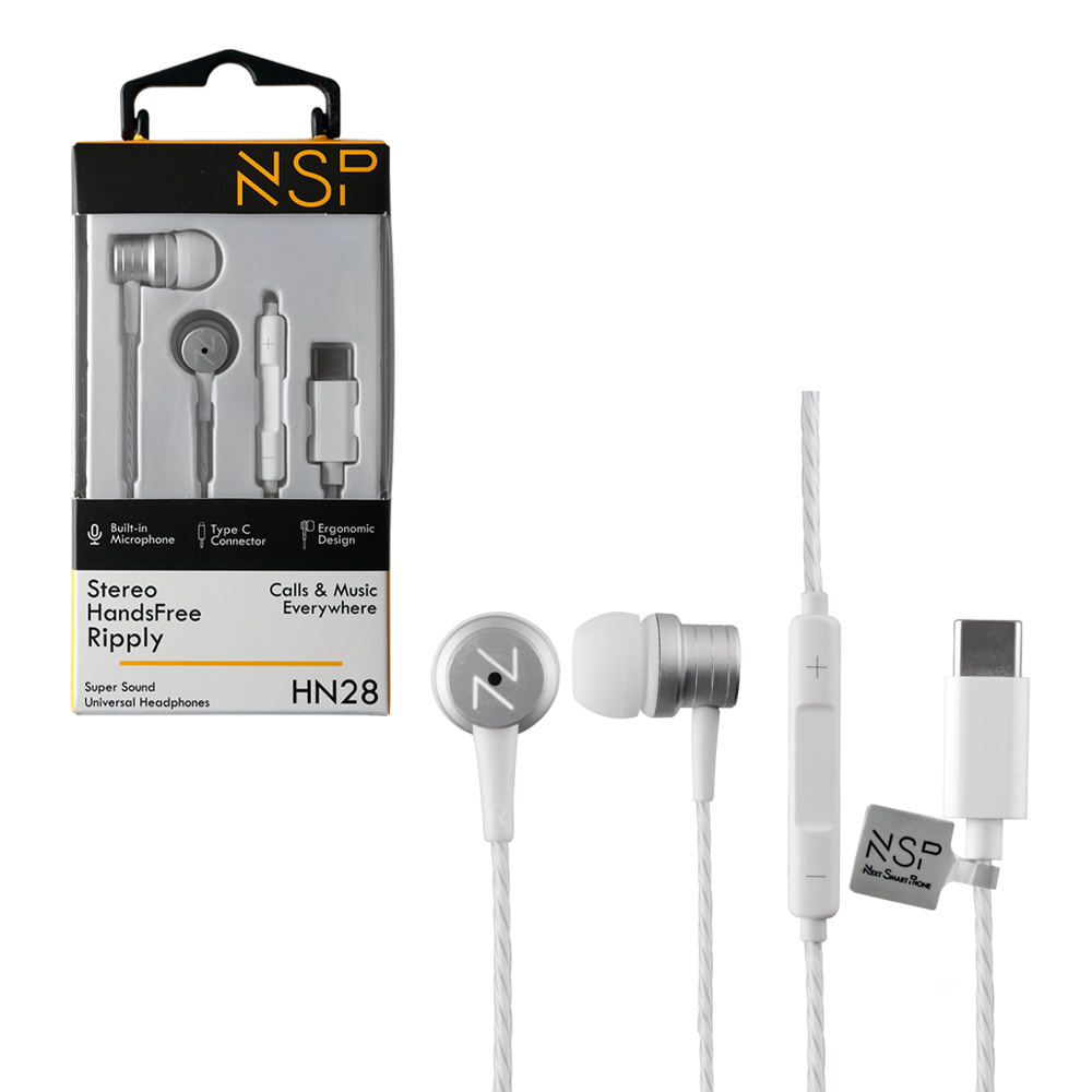 NSP HANDS FREE STEREO UNIVERSAL TYPE C 1.2m RIPPLY HN28 WITH REMOTE AND MIC WHITE
