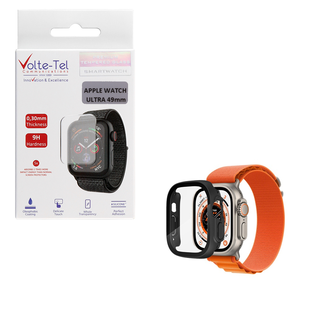 VOLTE-TEL TEMPERED GLASS APPLE WATCH ULTRA/ULTRA 2 49mm 1.92" 9H 0.30mm PC EDGE COVER WITH KEY 3D FULL GLUE FULL COVER BLACK