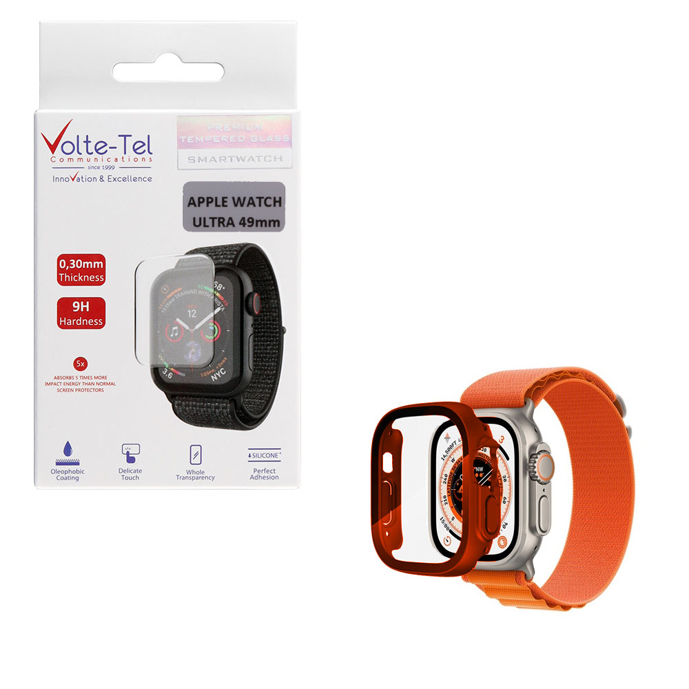 VOLTE-TEL TEMPERED GLASS APPLE WATCH ULTRA/ULTRA 2 49mm 1.92" 9H 0.30mm PC EDGE COVER WITH KEY 3D FULL GLUE FULL COVER ORANGE