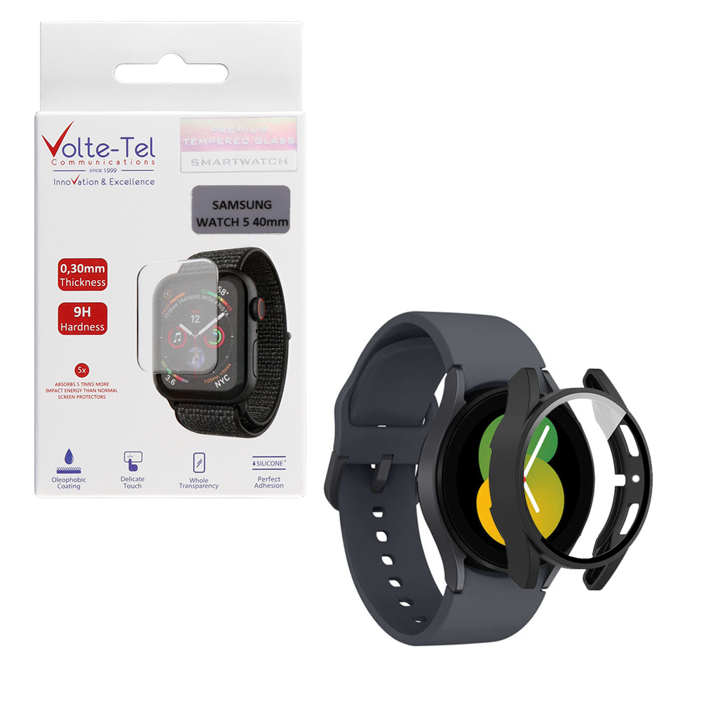 VOLTE-TEL TEMPERED GLASS SAMSUNG WATCH 5 40mm 1.2" 9H 0.30mm PC EDGE COVER WITH KEY 3D FULL GLUE FULL COVER BLACK