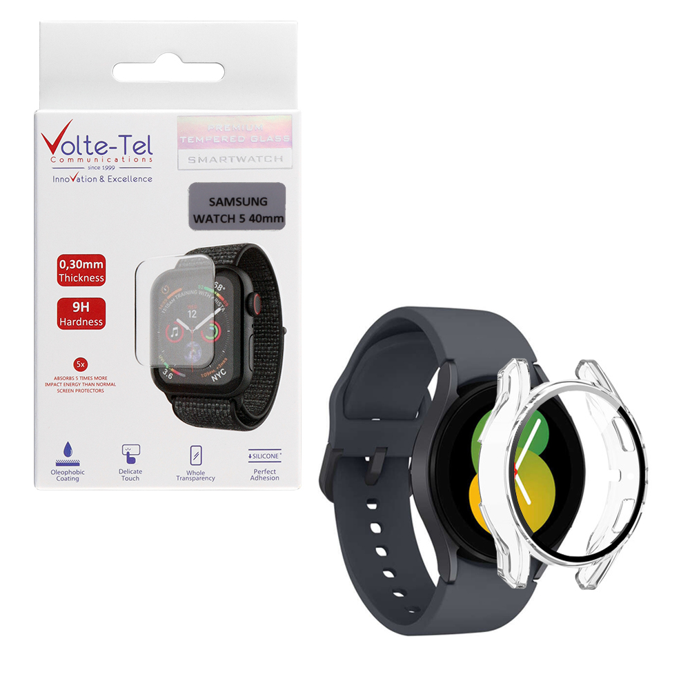 VOLTE-TEL TEMPERED GLASS SAMSUNG WATCH 5 40mm 1.2" 9H 0.30mm PC EDGE COVER WITH KEY 3D FULL GLUE FULL COVER TRANSPARENT