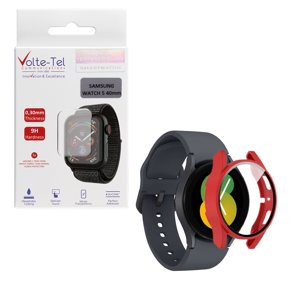 VOLTE-TEL TEMPERED GLASS SAMSUNG WATCH 5 40mm 1.2" 9H 0.30mm PC EDGE COVER WITH KEY 3D FULL GLUE FULL COVER RED