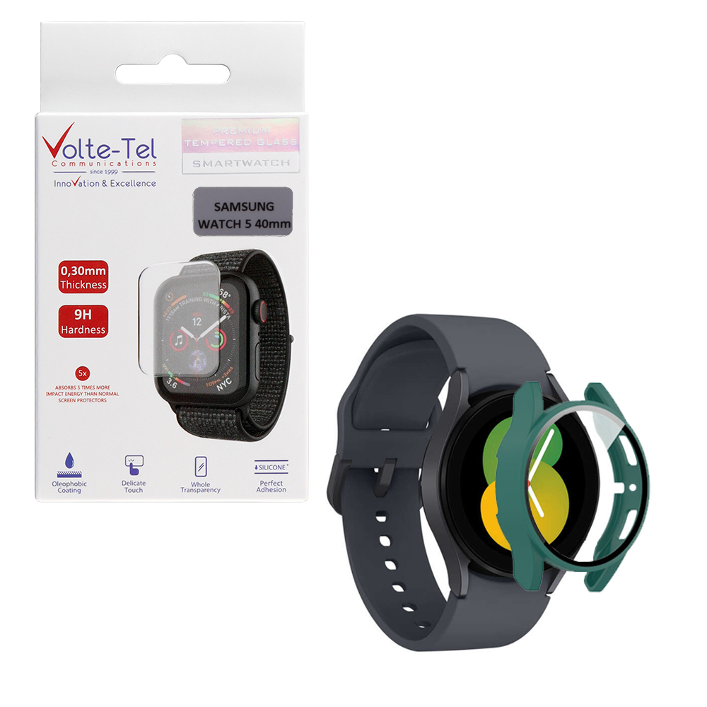 VOLTE-TEL TEMPERED GLASS SAMSUNG WATCH 5 40mm 1.2" 9H 0.30mm PC EDGE COVER WITH KEY 3D FULL GLUE FULL COVER GREEN