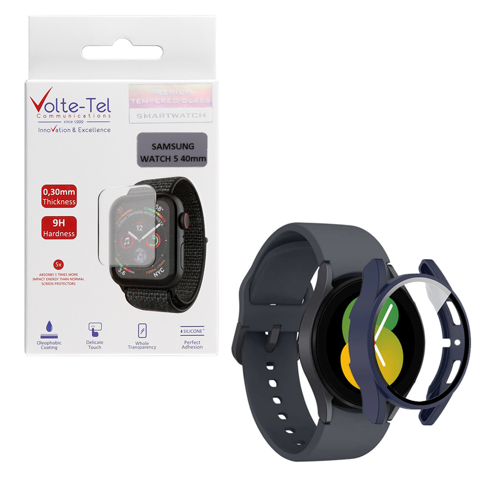 VOLTE-TEL TEMPERED GLASS SAMSUNG WATCH 5 40mm 1.2" 9H 0.30mm PC EDGE COVER WITH KEY 3D FULL GLUE FULL COVER BLUE