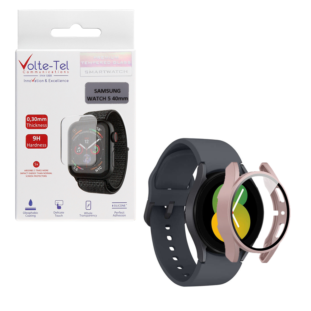 VOLTE-TEL TEMPERED GLASS SAMSUNG WATCH 5 40mm 1.2" 9H 0.30mm PC EDGE COVER WITH KEY 3D FULL GLUE FULL COVER ROSE GOLD