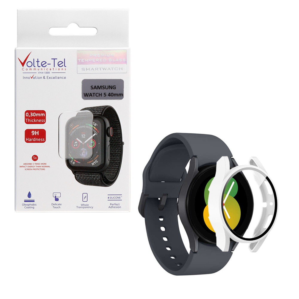VOLTE-TEL TEMPERED GLASS SAMSUNG WATCH 5 40mm 1.2" 9H 0.30mm PC EDGE COVER WITH KEY 3D FULL GLUE FULL COVER WHITE