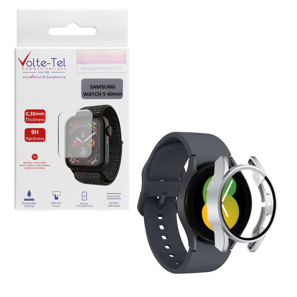 VOLTE-TEL TEMPERED GLASS SAMSUNG WATCH 5 40mm 1.2" 9H 0.30mm PC EDGE COVER WITH KEY 3D FULL GLUE FULL COVER SILVER