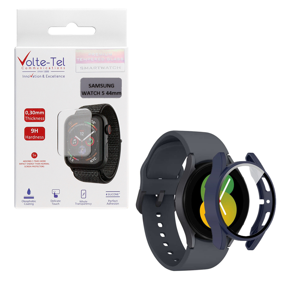 VOLTE-TEL TEMPERED GLASS SAMSUNG WATCH 5 44mm 1.4" 9H 0.30mm PC EDGE COVER WITH KEY 3D FULL GLUE FULL COVER BLUE